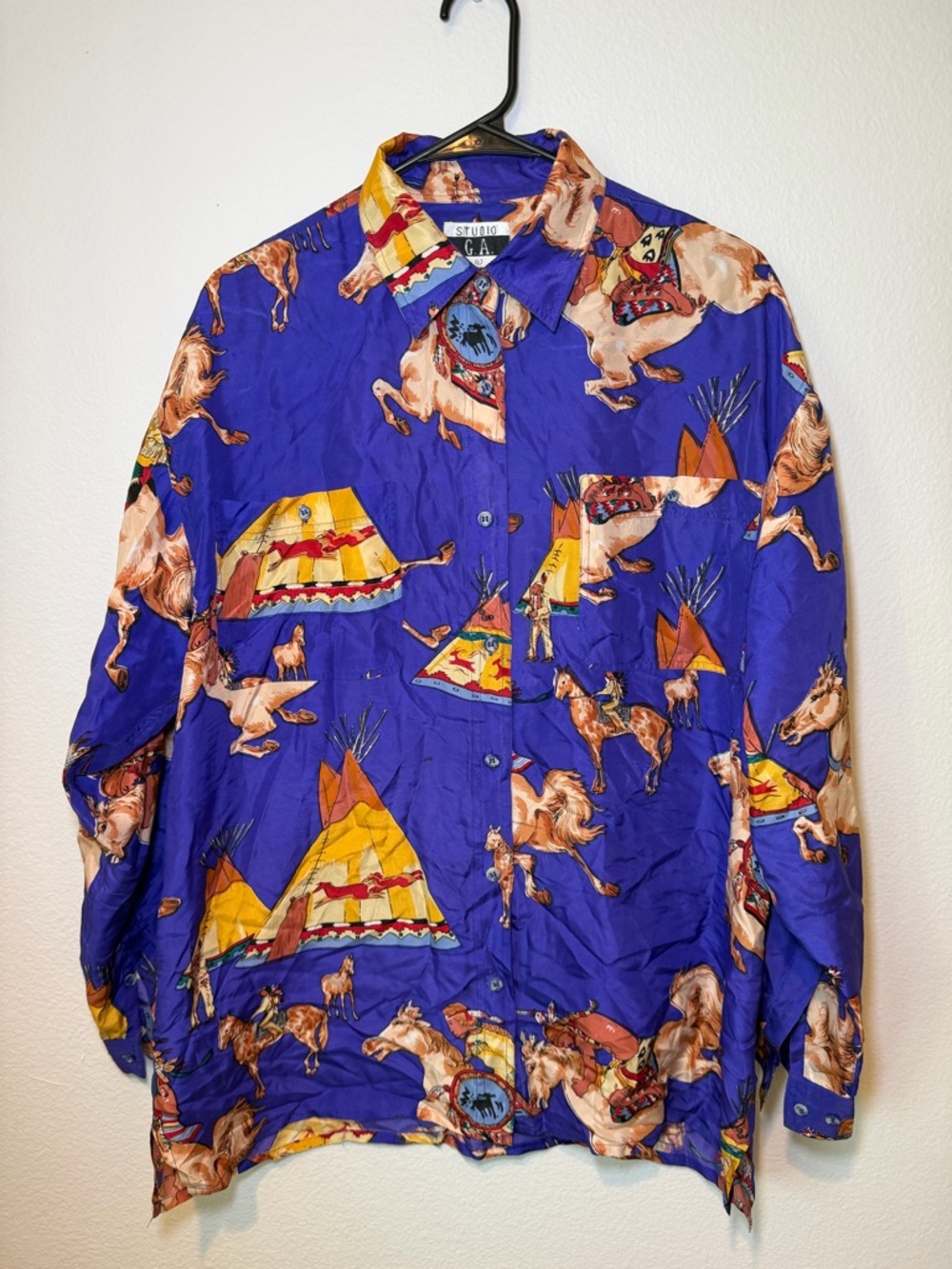 Vintage 100% Silk Western Print Purple Teepee Horse Shirt by Studio GA Size L
